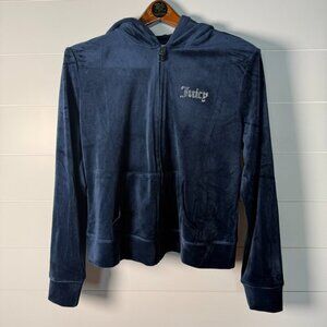 Juicy Couture Navy Velour Zip Up Jacket Hoodie Sz Large